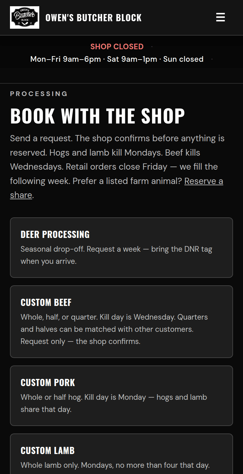 Book a processing week — deer, beef, pork, and lamb